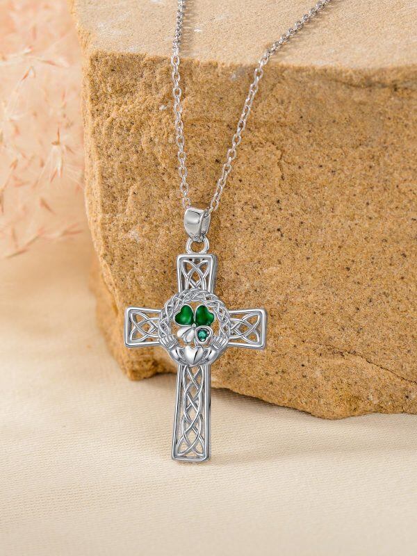 Sterling Silver Celtic Knot Cross Four Leaf Clover Pendant Necklace-3