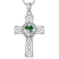 wholesale 925 Sterling Silver Cross with Celtic Knot and Green Shamrock Pendant Necklace- Rhodium Plated