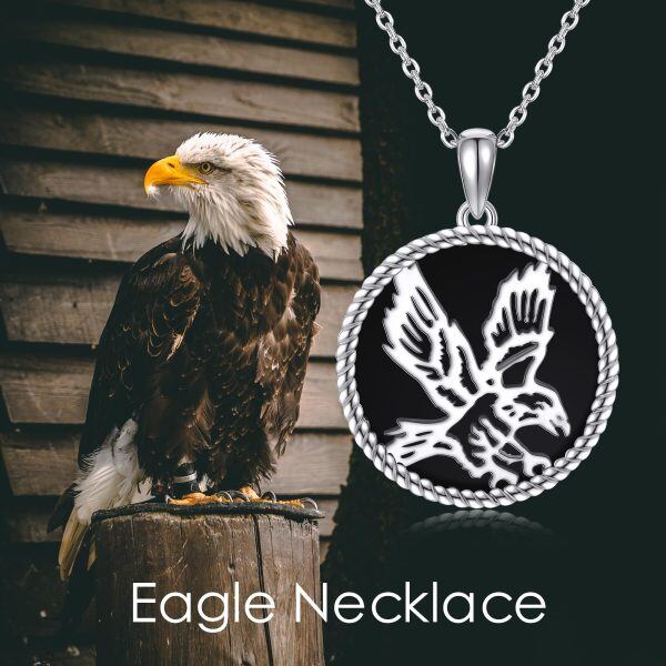 Sterling Silver Eagle Black Agate Pendant Necklace-5