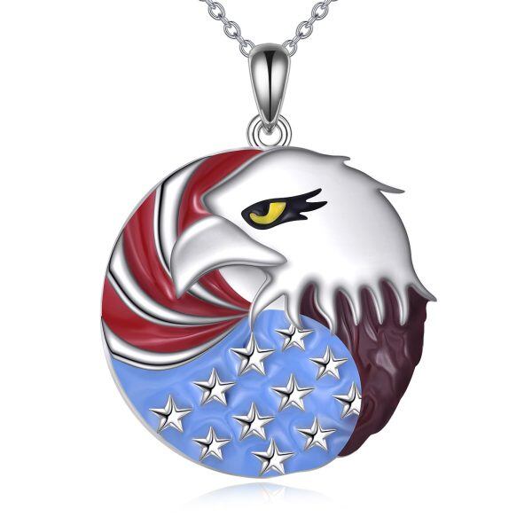 Sterling Silver American Flag Eagle Pendant Necklace-0