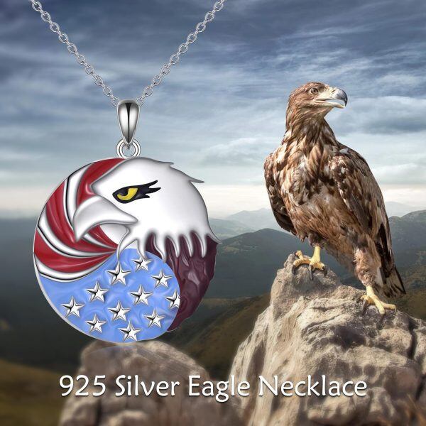 Sterling Silver American Flag Eagle Pendant Necklace-5