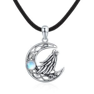 Sterling Silver Celtic Knot Moon Eagle Pendant Necklace with Moonstone-0