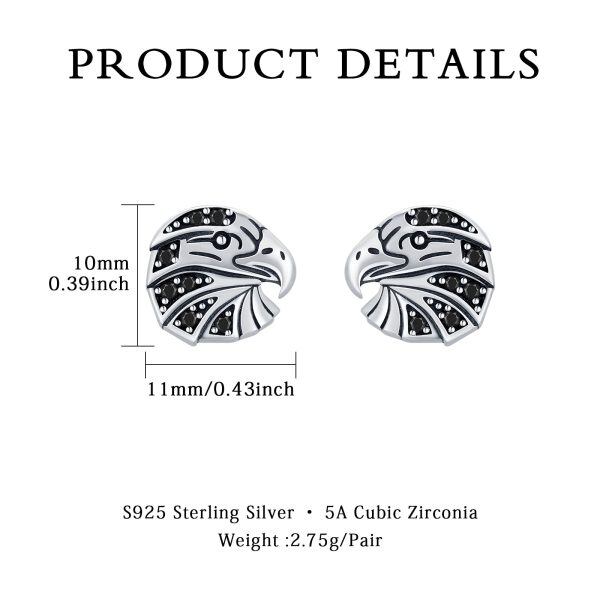 Sterling Silver Eagle Stud Earrings with Black Cubic Zircon-1