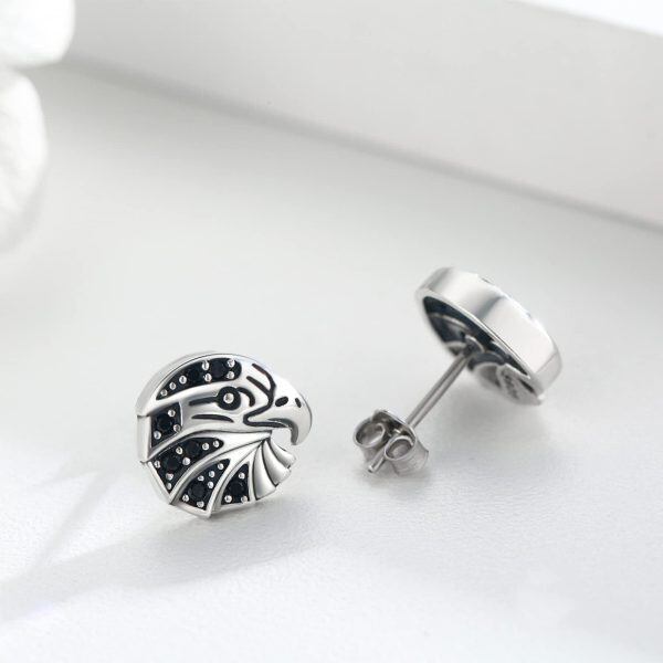 Sterling Silver Eagle Stud Earrings with Black Cubic Zircon-4