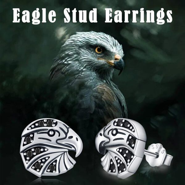 Sterling Silver Eagle Stud Earrings with Black Cubic Zircon-5