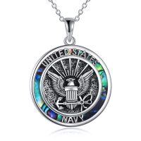 wholesale 925 Sterling Silver Round Abalone Shell U.S. Navy Pendant Necklace for Men Women- Oxidized/Oxidised