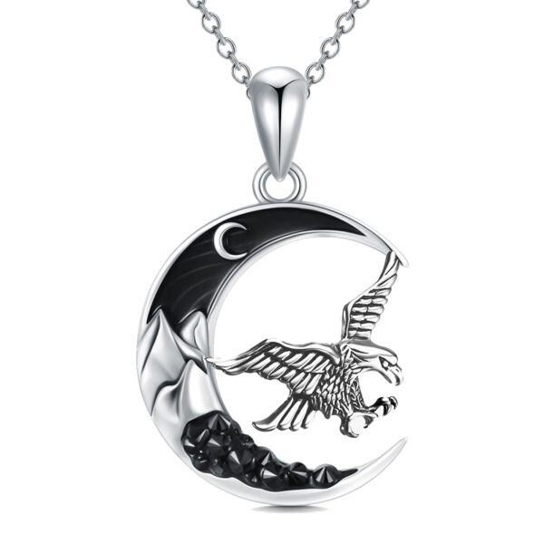 Sterling Silver Oxidized Eagle Pendant Necklace with Black Crescent Moon-0