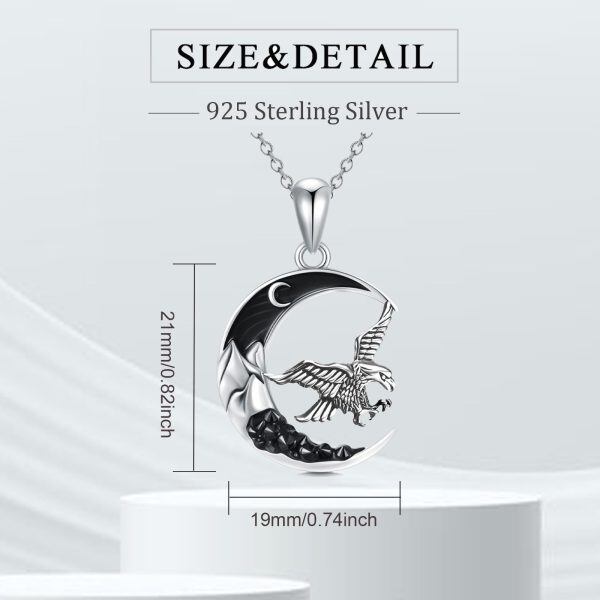 Sterling Silver Oxidized Eagle Pendant Necklace with Black Crescent Moon-1