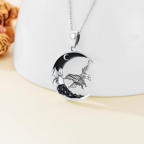 Sterling Silver Oxidized Eagle Pendant Necklace with Black Crescent Moon-3