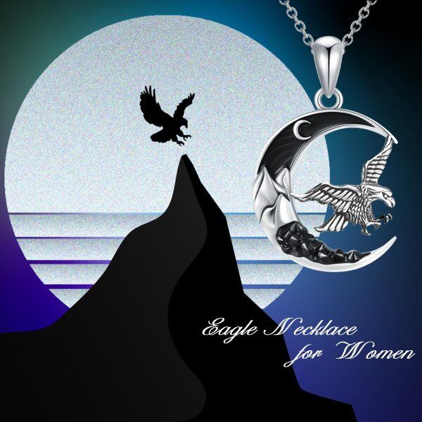 Sterling Silver Oxidized Eagle Pendant Necklace with Black Crescent Moon-5