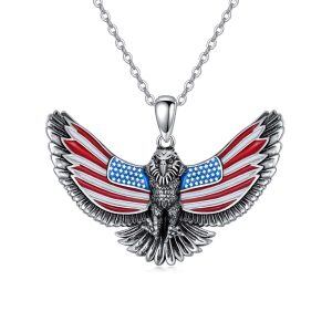 Sterling Silver Oxidized American Flag Eagle Pendant Necklace-0