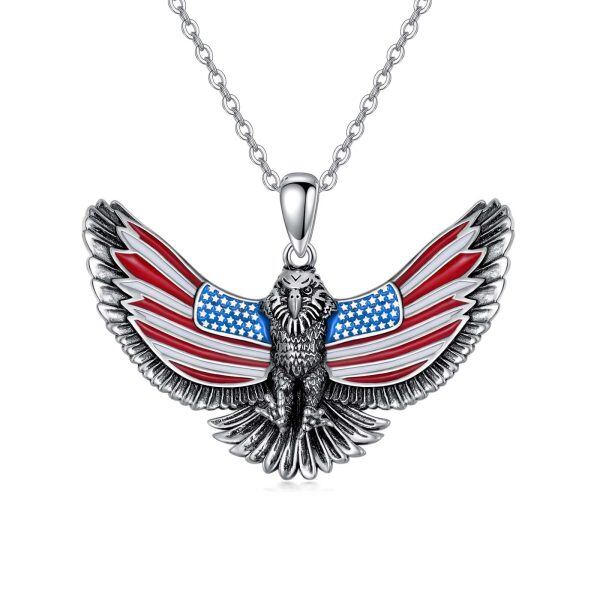 Sterling Silver Oxidized American Flag Eagle Pendant Necklace-0