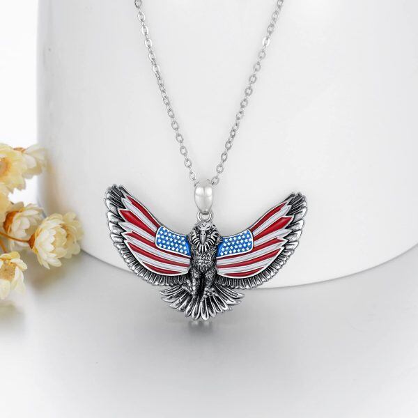 Sterling Silver Oxidized American Flag Eagle Pendant Necklace-3