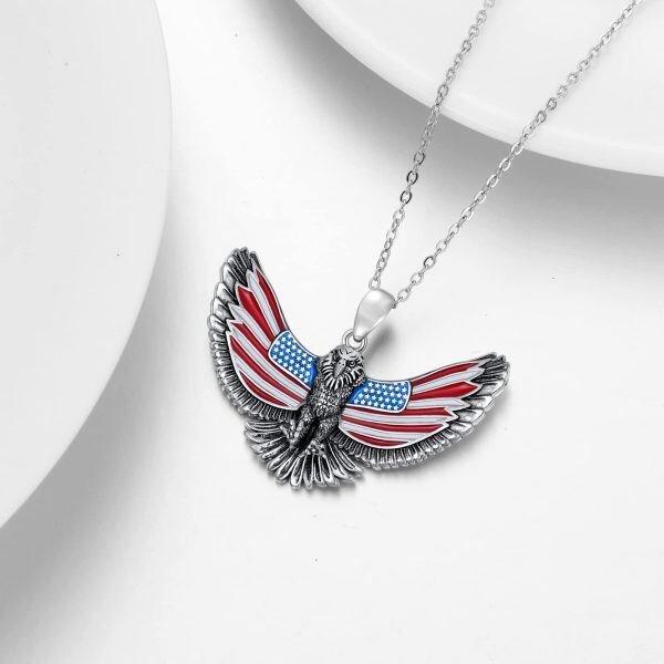 Sterling Silver Oxidized American Flag Eagle Pendant Necklace-4