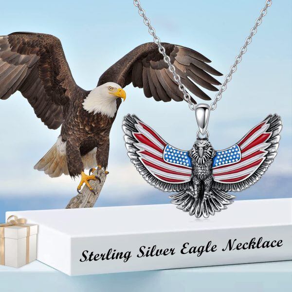 Sterling Silver Oxidized American Flag Eagle Pendant Necklace-5