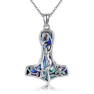 Sterling Silver Viking Mjolnir Mother Daughter Pendant Necklace with Abalone Shell-0