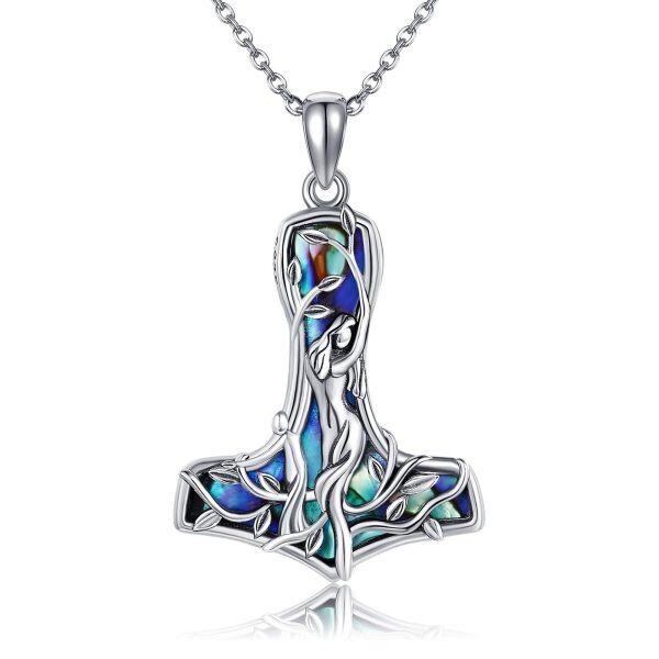 Sterling Silver Viking Mjolnir Mother Daughter Pendant Necklace with Abalone Shell-0