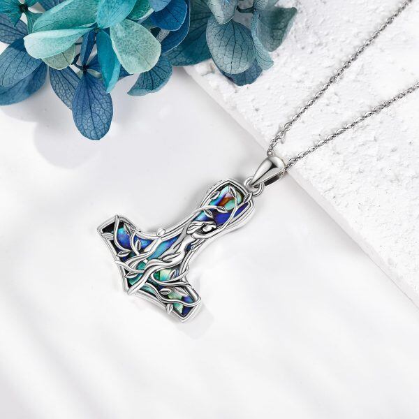 Sterling Silver Viking Mjolnir Mother Daughter Pendant Necklace with Abalone Shell-3