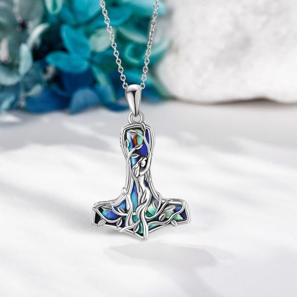 Sterling Silver Viking Mjolnir Mother Daughter Pendant Necklace with Abalone Shell-4