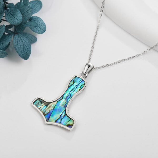 Sterling Silver Viking Mjolnir Mother Daughter Pendant Necklace with Abalone Shell-5