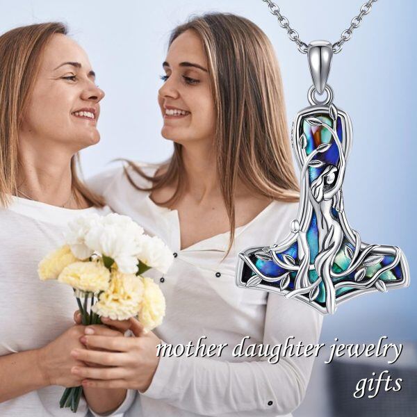 Sterling Silver Viking Mjolnir Mother Daughter Pendant Necklace with Abalone Shell-6