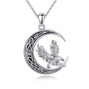 Sterling Silver Oxidized Eagle Pendant Necklace with Celtic Knot Moon-0