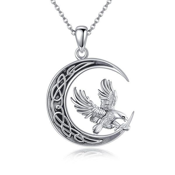 Sterling Silver Oxidized Eagle Pendant Necklace with Celtic Knot Moon-0