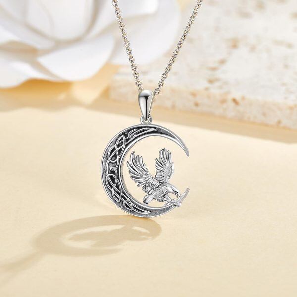 Sterling Silver Oxidized Eagle Pendant Necklace with Celtic Knot Moon-3