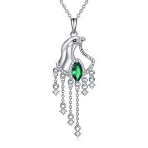 Sterling Silver Emerald Eagle Head Tassel Pendant Necklace-0