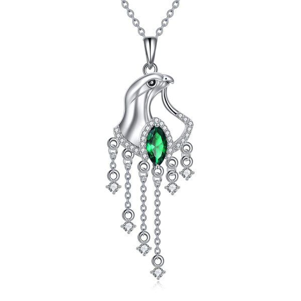 Sterling Silver Emerald Eagle Head Tassel Pendant Necklace-0