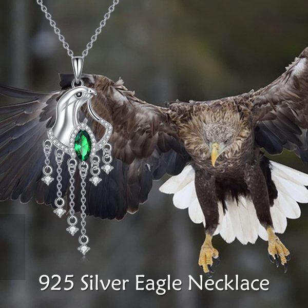 Sterling Silver Emerald Eagle Head Tassel Pendant Necklace-5