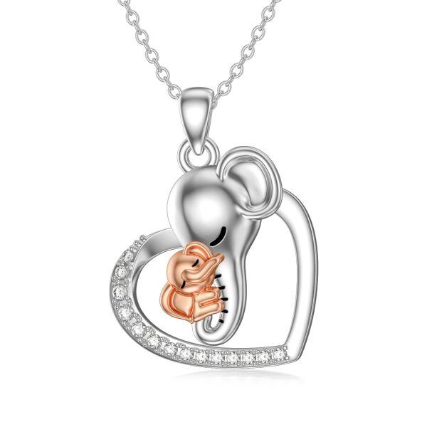 Sterling Silver Elephant Mom Child Heart Pendant Necklace-0