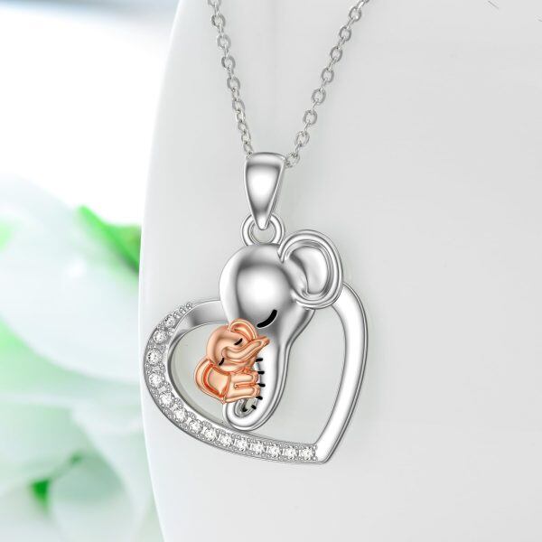 Sterling Silver Elephant Mom Child Heart Pendant Necklace-3