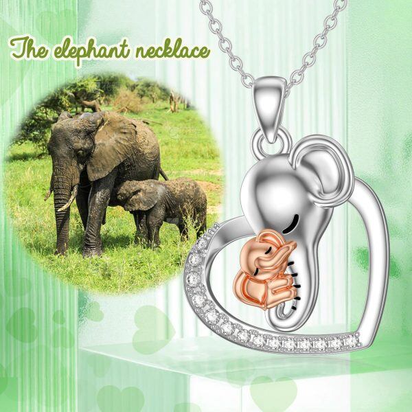 Sterling Silver Elephant Mom Child Heart Pendant Necklace-5