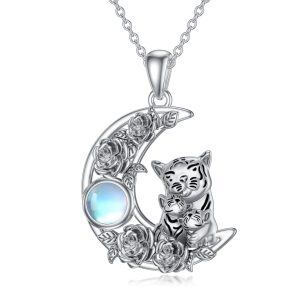 Sterling Silver Tigers Mom Child Pendant Necklace with Moonstone-0