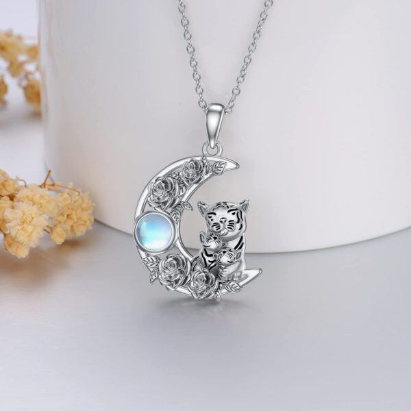 Sterling Silver Tigers Mom Child Pendant Necklace with Moonstone-3