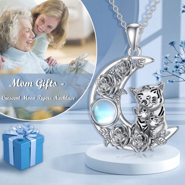 Sterling Silver Tigers Mom Child Pendant Necklace with Moonstone-5