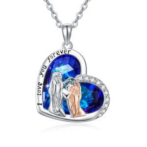 Sterling Silver Mother and Daughter Heart Crystal Pendant Necklace-0