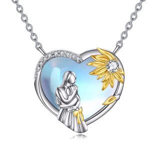 Sterling Silver Sunflower Mother and Daughter Pendant Necklace with Heart Moonstone-0