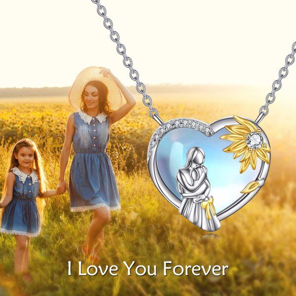 Sterling Silver Sunflower Mother and Daughter Pendant Necklace with Heart Moonstone-3