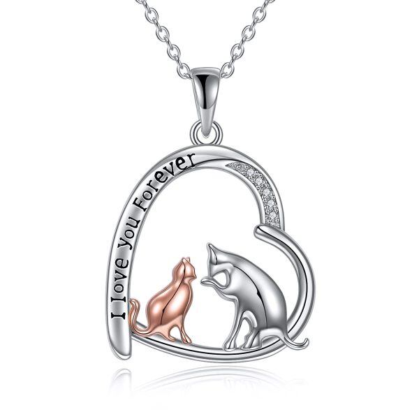 Sterling Silver Cat Mom Child Heart Pendant Necklace-0