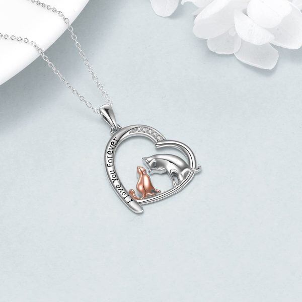 Sterling Silver Cat Mom Child Heart Pendant Necklace-3