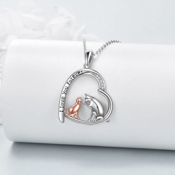 Sterling Silver Cat Mom Child Heart Pendant Necklace-4