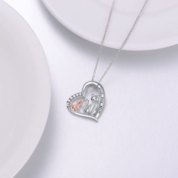 Sterling Silver Cat Heart Pendant Necklace for Mom-4