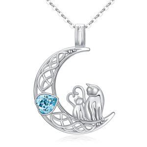 Sterling Silver Cat Moon Pendant Necklace with Crystal-0