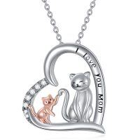 wholesale 925 Sterling Silver Heart-Shaped Mommy and Baby Cats Pendant Necklace- Rhodium And Rose Gold Plated