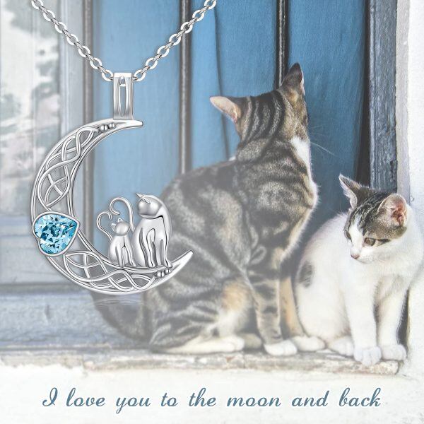 Sterling Silver Cat Moon Pendant Necklace with Crystal-5