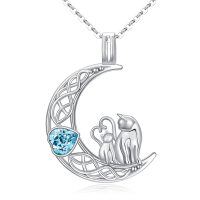 wholesale 925 Sterling Silver Crescent Moon with Cats and Blue Topaz Heart Pendant Necklace s for Women- Rhodium Plated