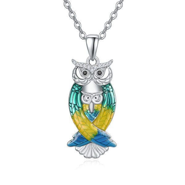 Sterling Silver Enamel Owl Mom Child Pendant Necklace-0