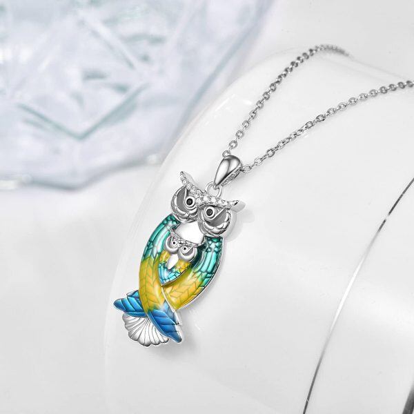 Sterling Silver Enamel Owl Mom Child Pendant Necklace-3